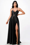 Open Side Back Spaghetti Zig Zag Tie Satin Gown - HOUSE OF SHE