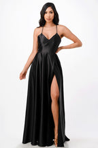 Open Side Back Spaghetti Zig Zag Tie Satin Gown - HOUSE OF SHE