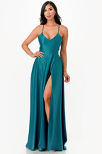 Open Side Back Spaghetti Zig Zag Tie Satin Gown - HOUSE OF SHE