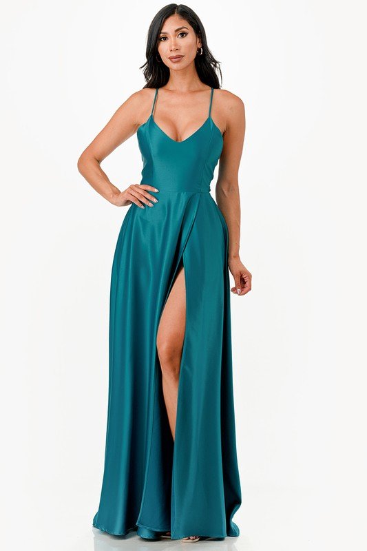 Open Side Back Spaghetti Zig Zag Tie Satin Gown - HOUSE OF SHE