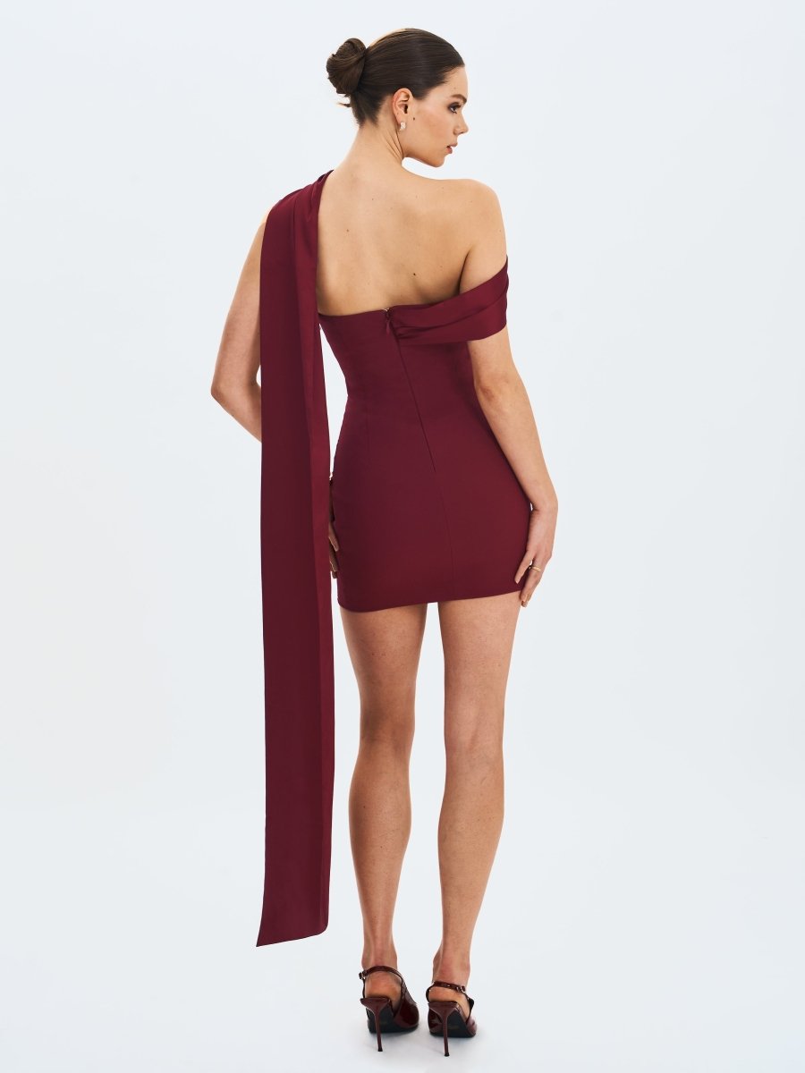 Ovelia Crimson Satin Ribbon Strapless Mini Dress - HOUSE OF SHE