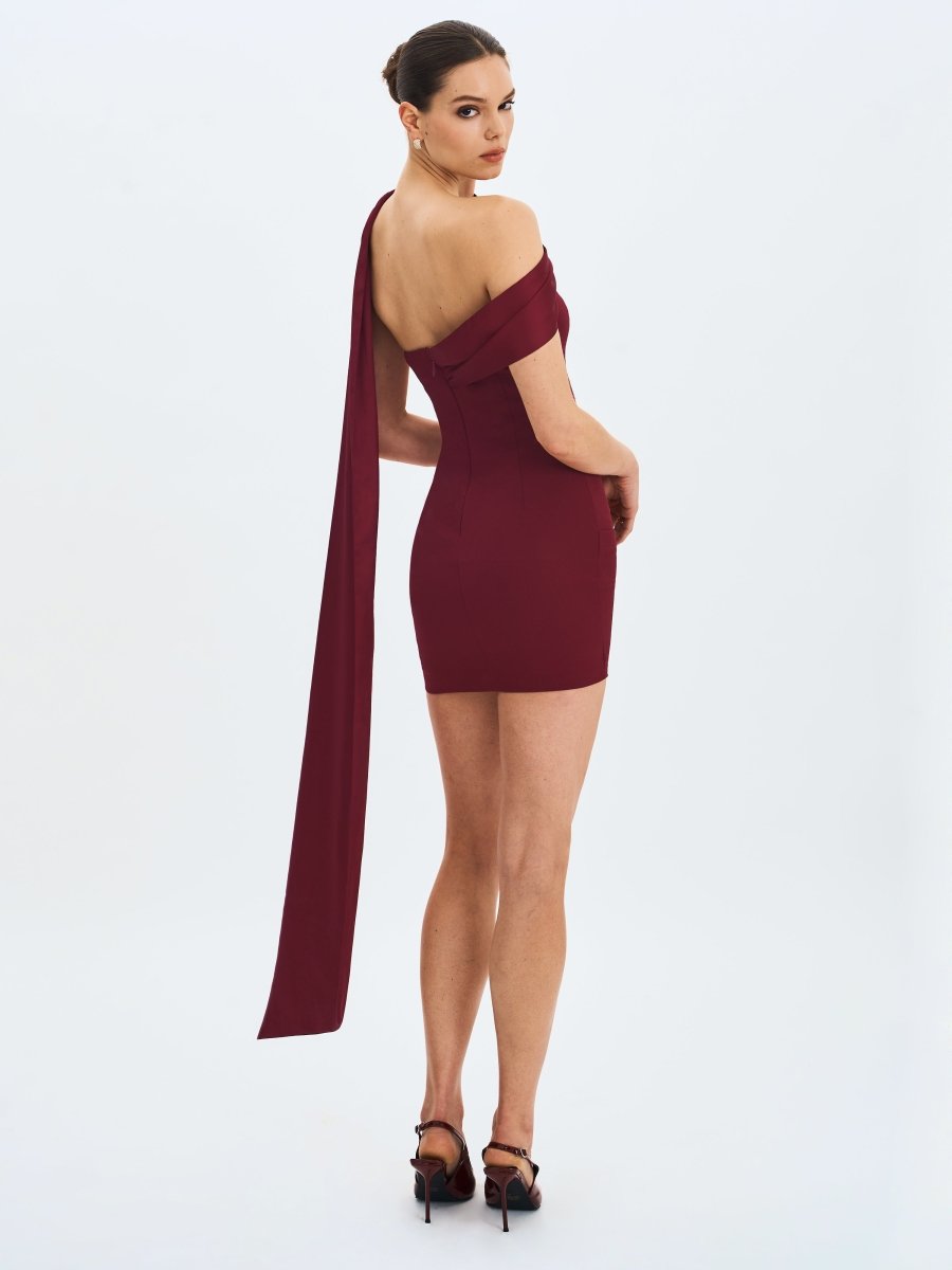 Ovelia Crimson Satin Ribbon Strapless Mini Dress - HOUSE OF SHE