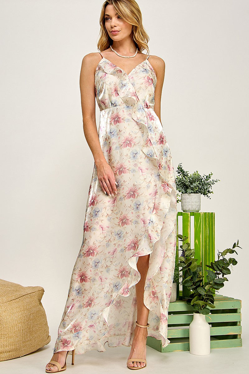 Sia Floral Ruffle Satin Dress  HOUSE OF SHE