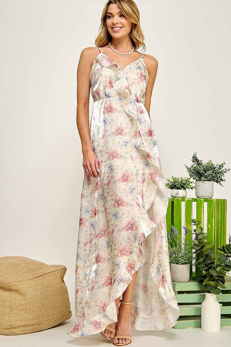 Sia Floral Ruffle Satin Dress  HOUSE OF SHE
