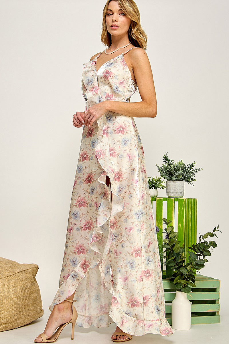 Sia Floral Ruffle Satin Dress  HOUSE OF SHE