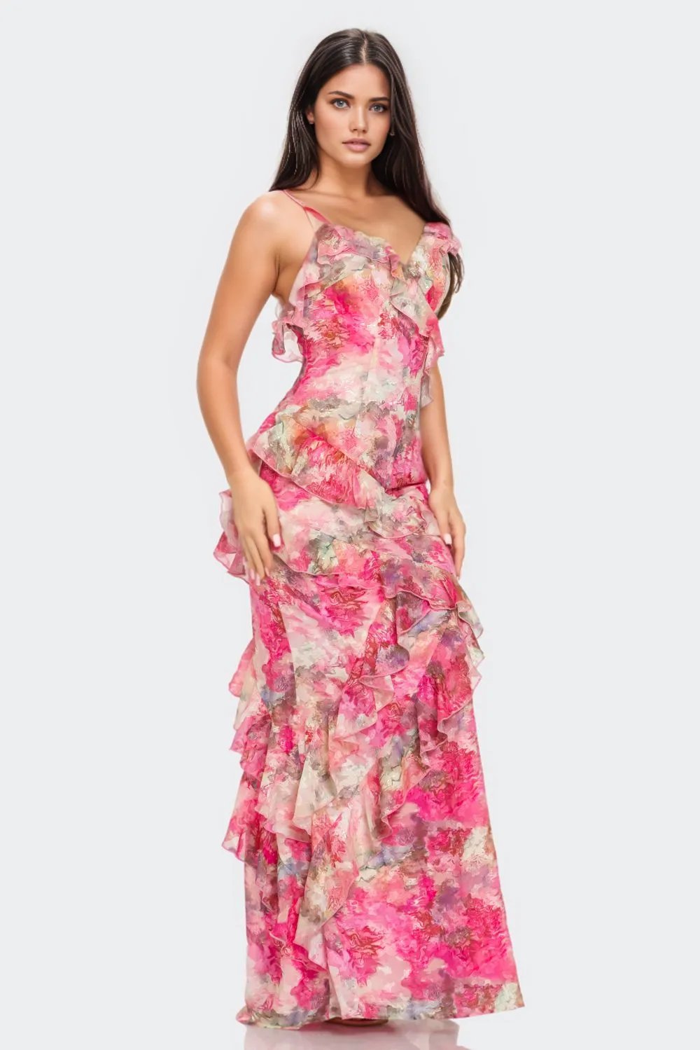 Lilly Floral Print Ruffle Maxi Dress