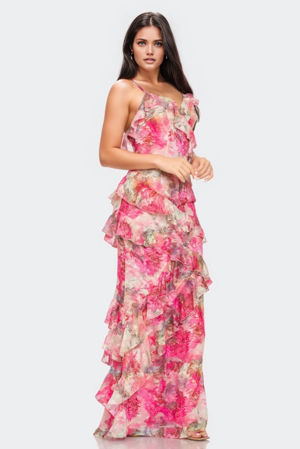 Lilly Floral Print Ruffle Maxi Dress