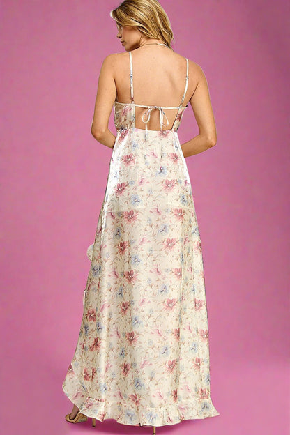 long pink floral maxi ruffle dress_house of she