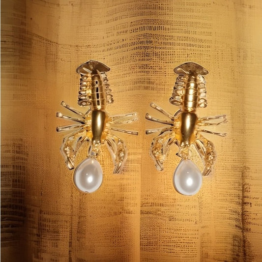 Gold Scorpio Unique Drop Real Pearl Earrings