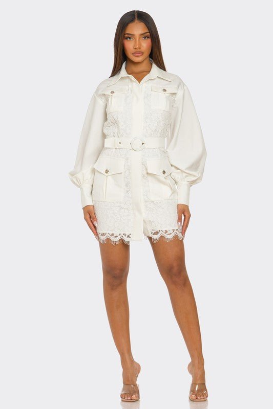 PLUS SIZE White Lace - Detail Utility Mini Dress - HOUSE OF SHE