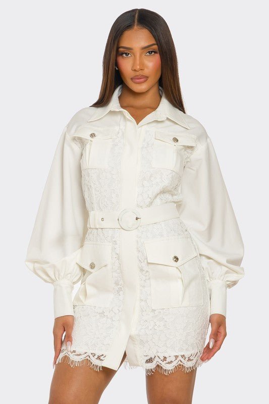 PLUS SIZE White Lace - Detail Utility Mini Dress - HOUSE OF SHE