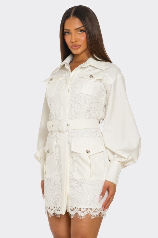 PLUS SIZE White Lace - Detail Utility Mini Dress - HOUSE OF SHE