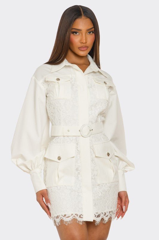 PLUS SIZE White Lace - Detail Utility Mini Dress - HOUSE OF SHE