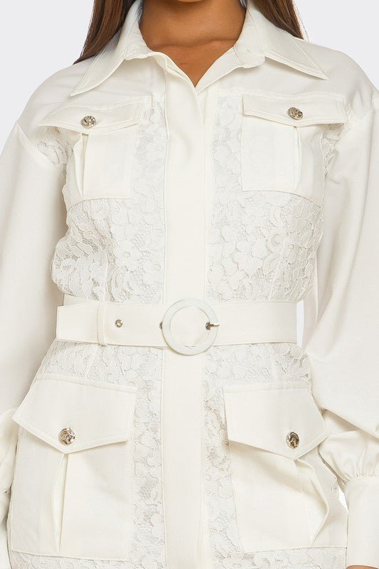 PLUS SIZE White Lace - Detail Utility Mini Dress - HOUSE OF SHE