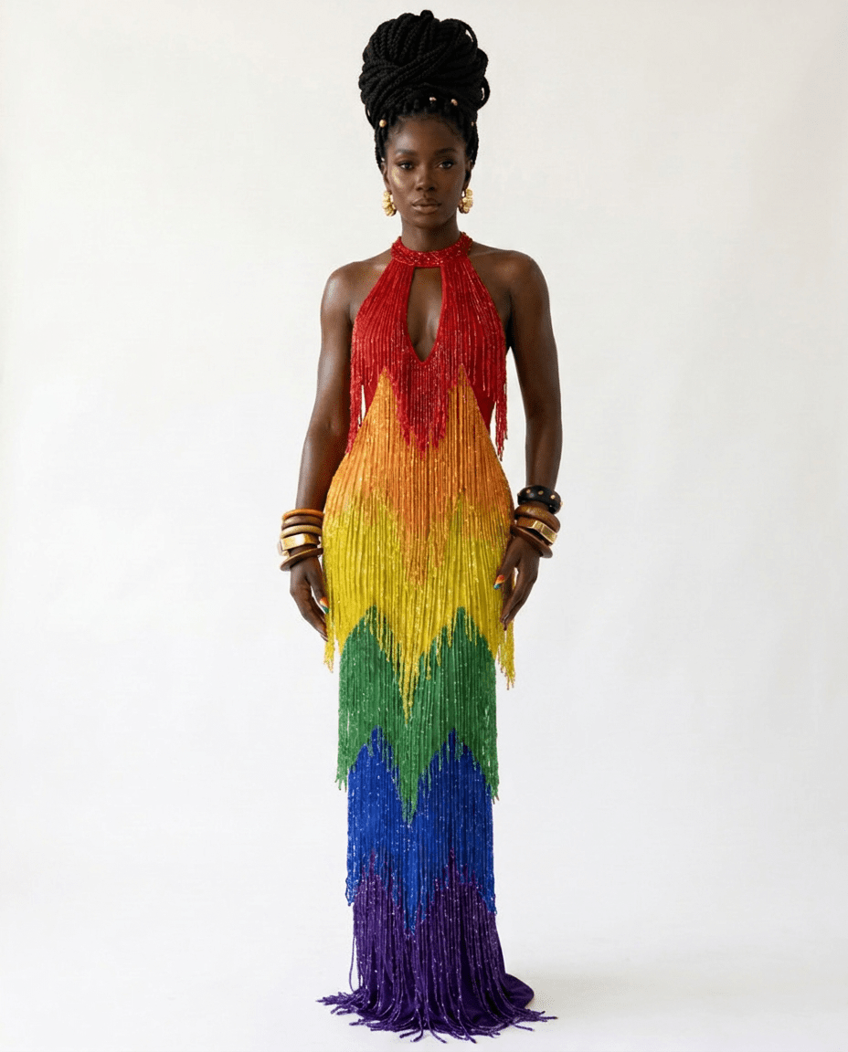 [PRE ORDER] Vibrant Rainbow Fringe Mesh Maxi Dress - HOUSE OF SHE