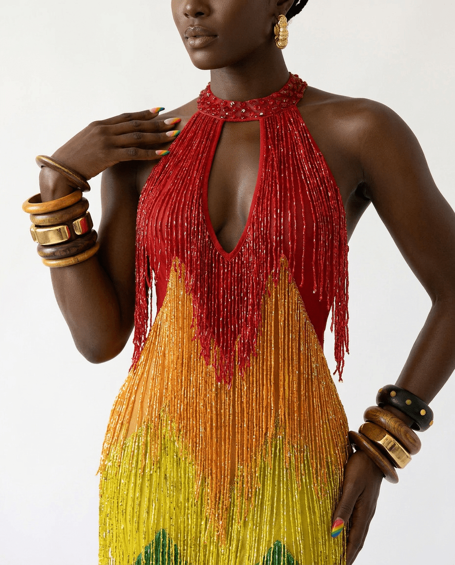 [PRE ORDER] Vibrant Rainbow Fringe Mesh Maxi Dress - HOUSE OF SHE
