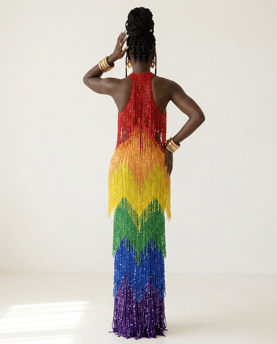 [PRE ORDER] Vibrant Rainbow Fringe Mesh Maxi Dress - HOUSE OF SHE