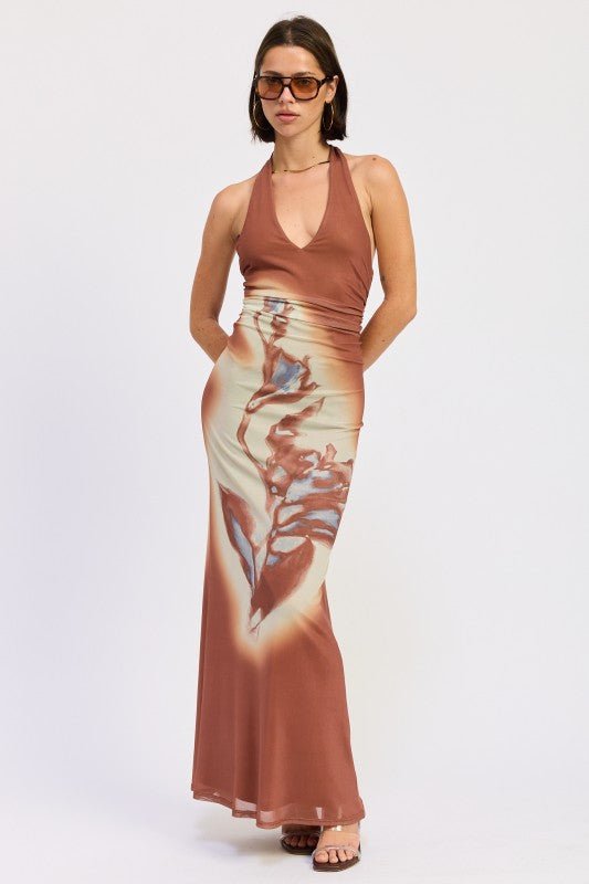 PRINTED MAXI HALTER DRESS WITH NECK TIE - HOUSE OF SHE
