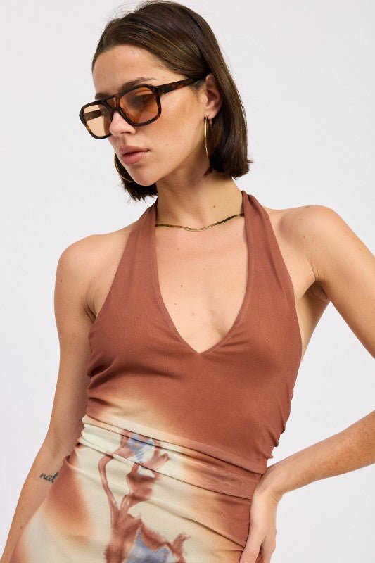 PRINTED MAXI HALTER DRESS WITH NECK TIE - HOUSE OF SHE