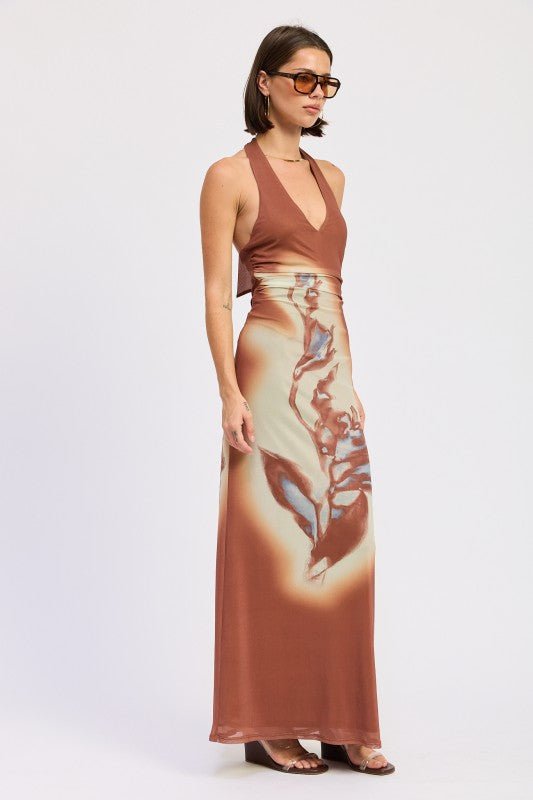 PRINTED MAXI HALTER DRESS WITH NECK TIE - HOUSE OF SHE