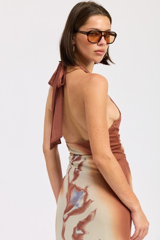PRINTED MAXI HALTER DRESS WITH NECK TIE - HOUSE OF SHE