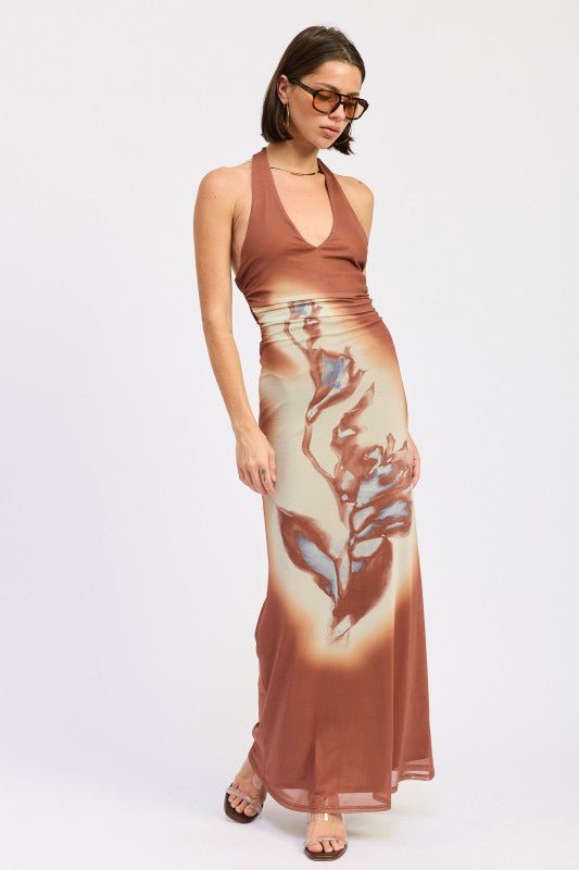 PRINTED MAXI HALTER DRESS WITH NECK TIE - HOUSE OF SHE