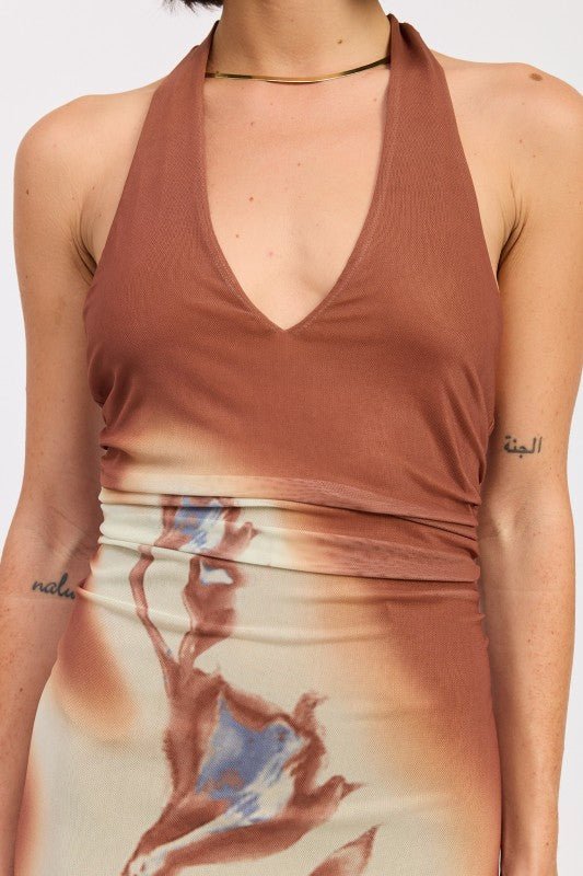 PRINTED MAXI HALTER DRESS WITH NECK TIE - HOUSE OF SHE