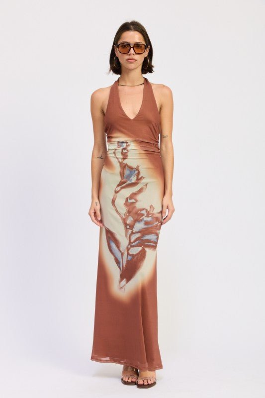 PRINTED MAXI HALTER DRESS WITH NECK TIE - HOUSE OF SHE