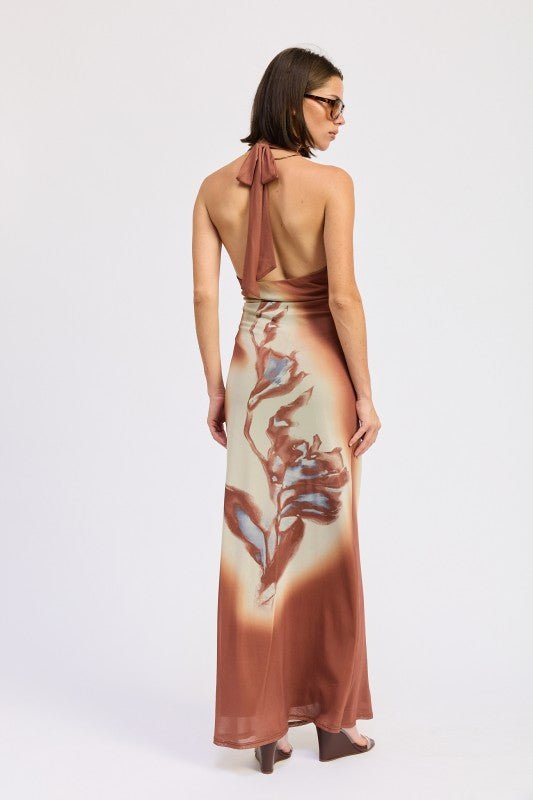 PRINTED MAXI HALTER DRESS WITH NECK TIE - HOUSE OF SHE