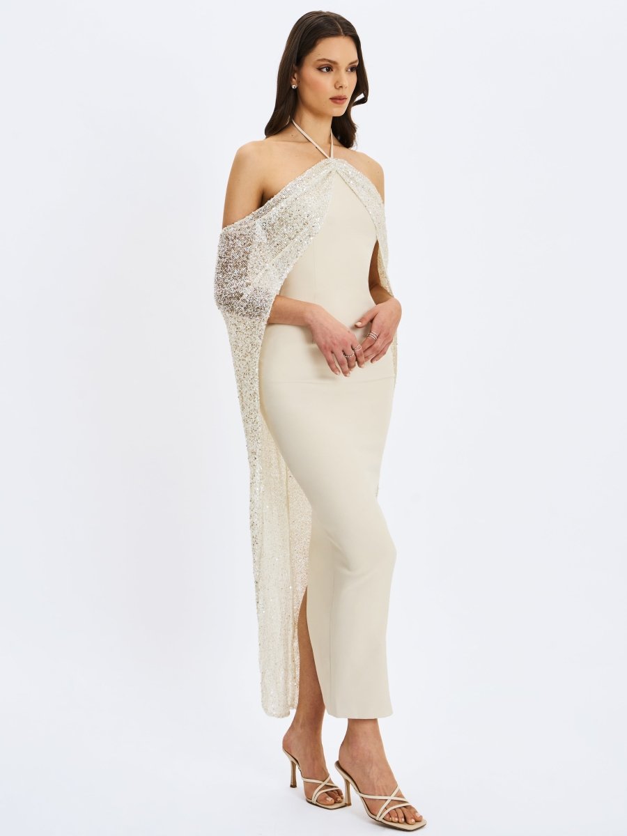 Quimera Almond Beaded Cape Halter Maxi Gown - HOUSE OF SHE