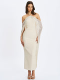 Quimera Almond Beaded Cape Halter Maxi Gown - HOUSE OF SHE