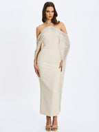 Quimera Almond Beaded Cape Halter Maxi Gown - HOUSE OF SHE