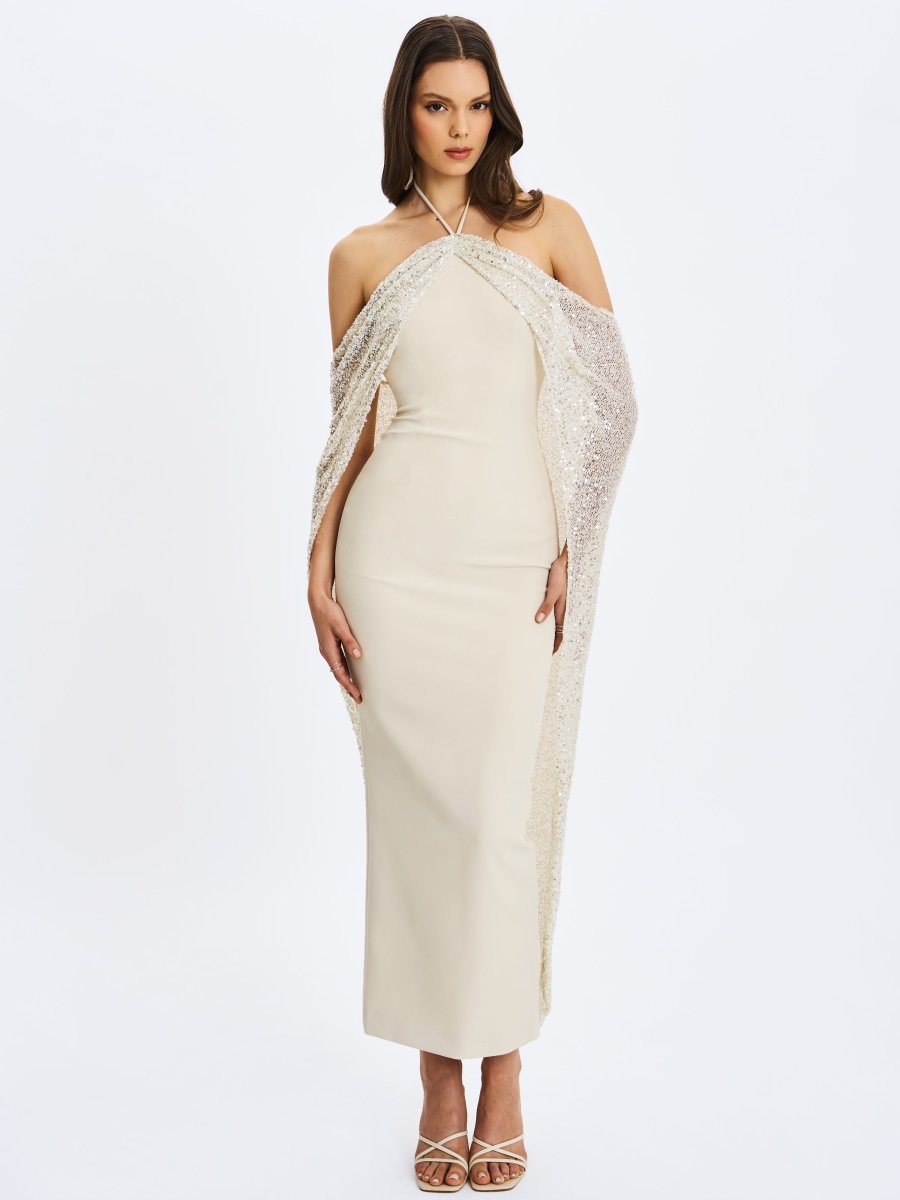 Quimera Almond Beaded Cape Halter Maxi Gown - HOUSE OF SHE