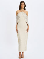 Quimera Almond Beaded Cape Halter Maxi Gown - HOUSE OF SHE