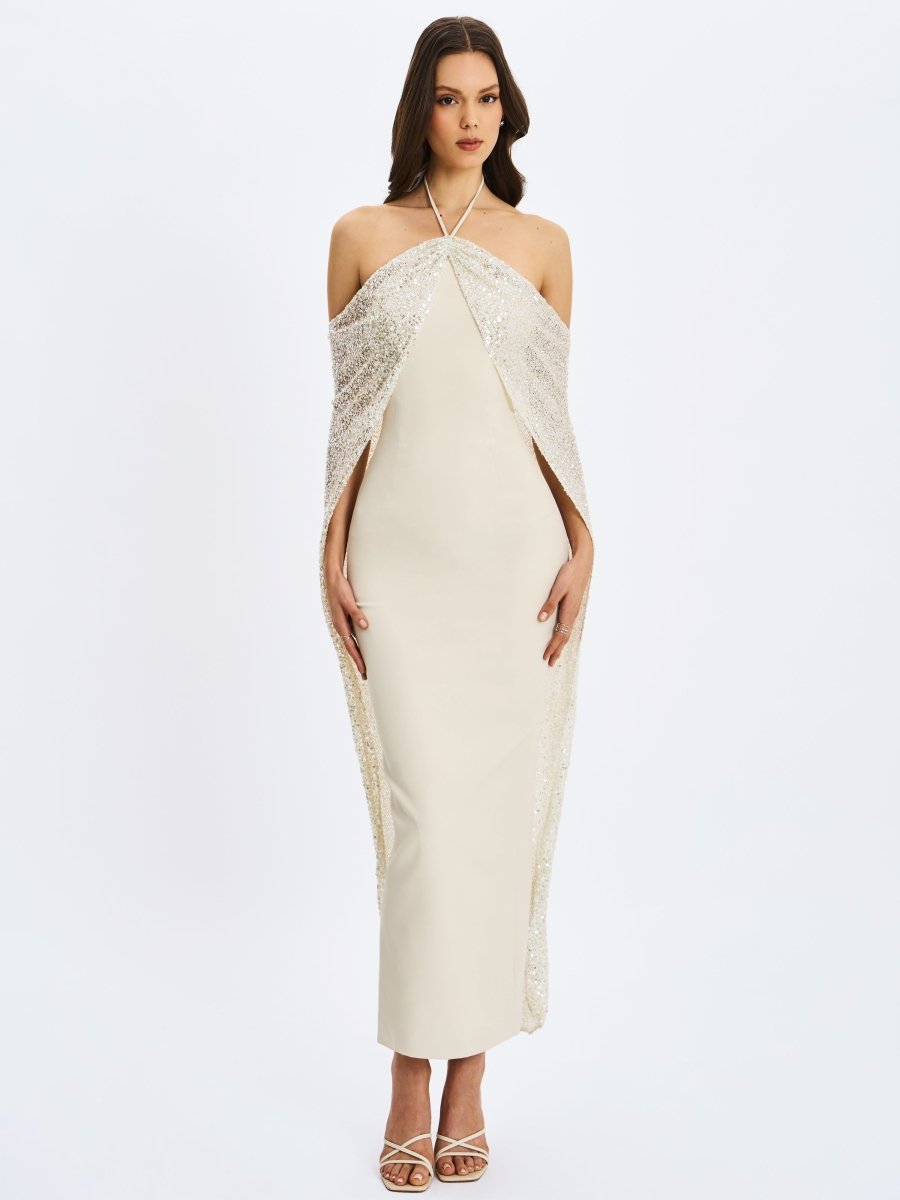 Quimera Almond Beaded Cape Halter Maxi Gown - HOUSE OF SHE