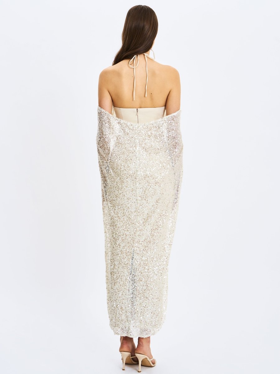 Quimera Almond Beaded Cape Halter Maxi Gown - HOUSE OF SHE