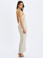 Quimera Almond Beaded Cape Halter Maxi Gown - HOUSE OF SHE