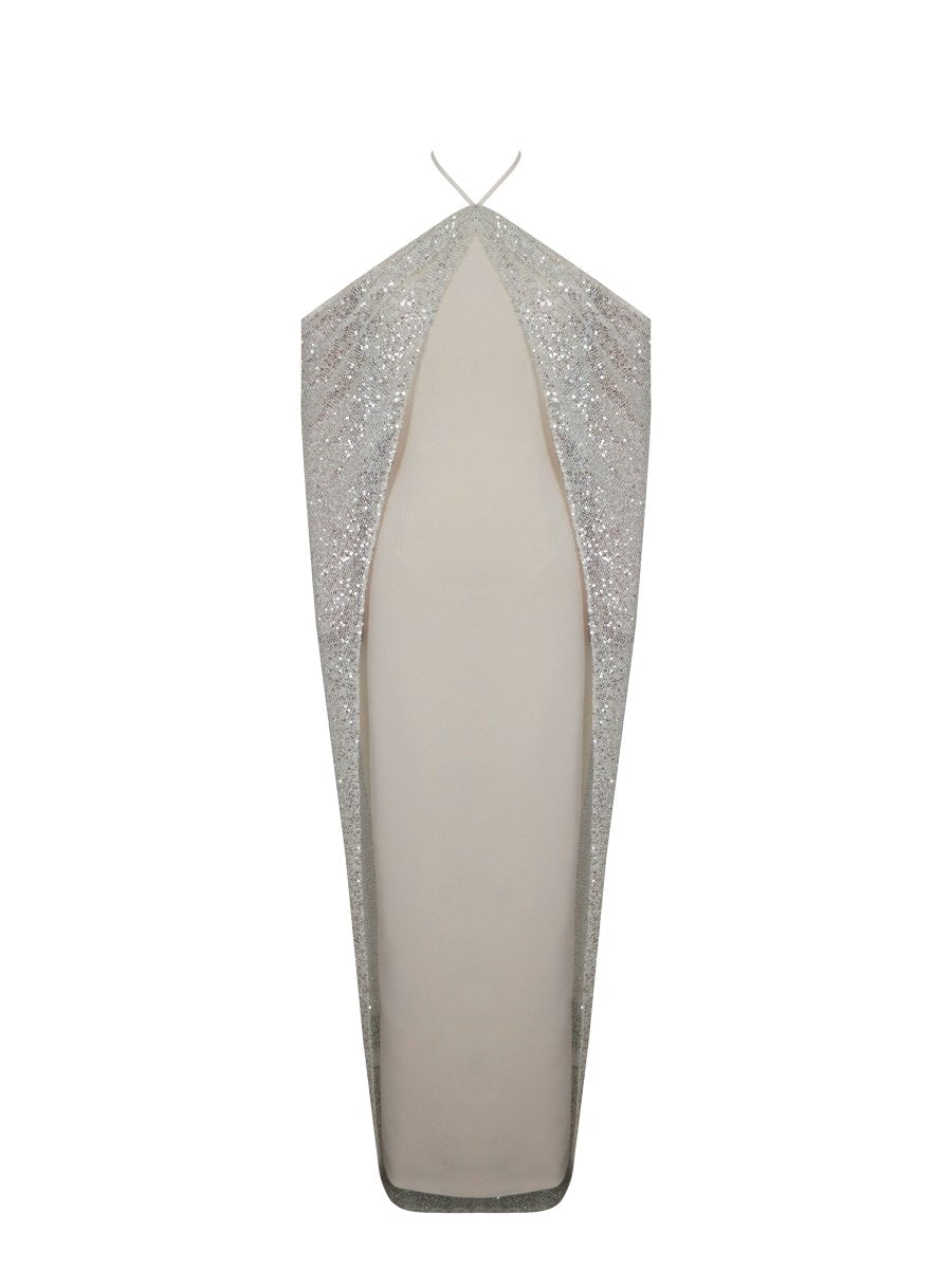 Quimera Almond Beaded Cape Halter Maxi Gown - HOUSE OF SHE