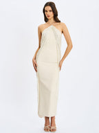 Quimera Almond Beaded Cape Halter Maxi Gown - HOUSE OF SHE