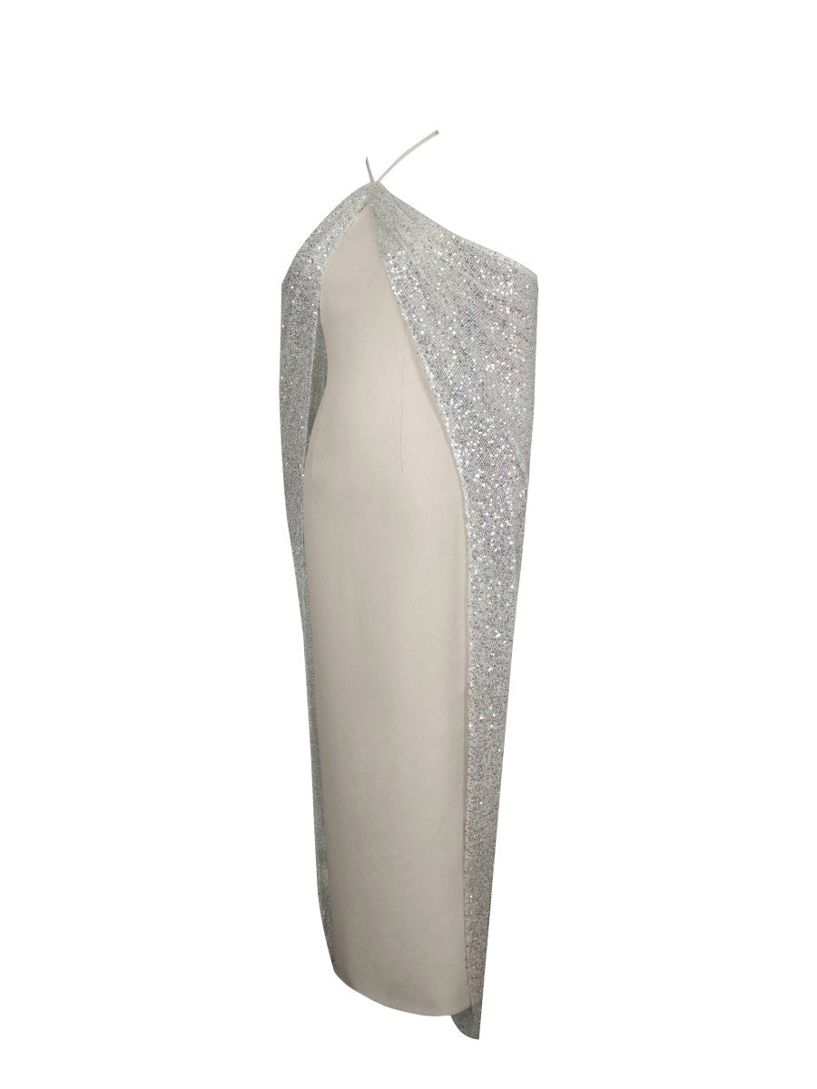 Quimera Almond Beaded Cape Halter Maxi Gown - HOUSE OF SHE