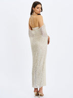 Quimera Almond Beaded Cape Halter Maxi Gown - HOUSE OF SHE