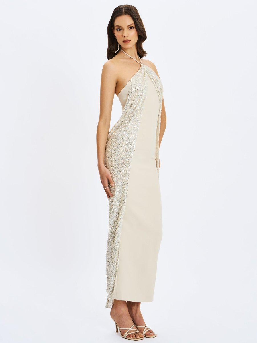 Quimera Almond Beaded Cape Halter Maxi Gown - HOUSE OF SHE