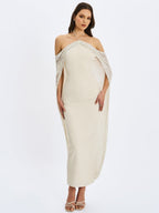 Quimera Almond Beaded Cape Halter Maxi Gown - HOUSE OF SHE
