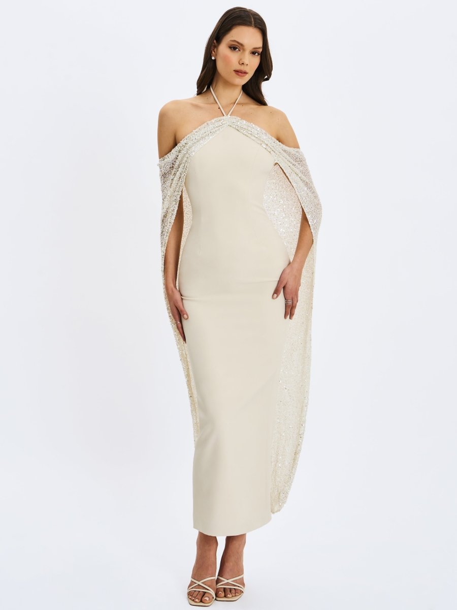 Quimera Almond Beaded Cape Halter Maxi Gown - HOUSE OF SHE