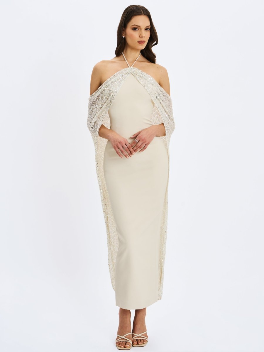 Quimera Almond Beaded Cape Halter Maxi Gown - HOUSE OF SHE
