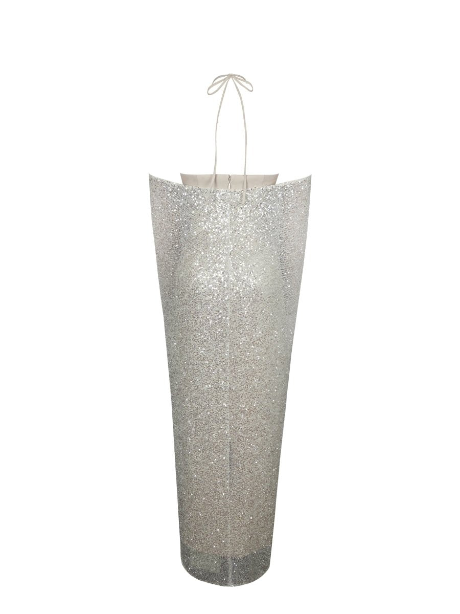 Quimera Almond Beaded Cape Halter Maxi Gown - HOUSE OF SHE