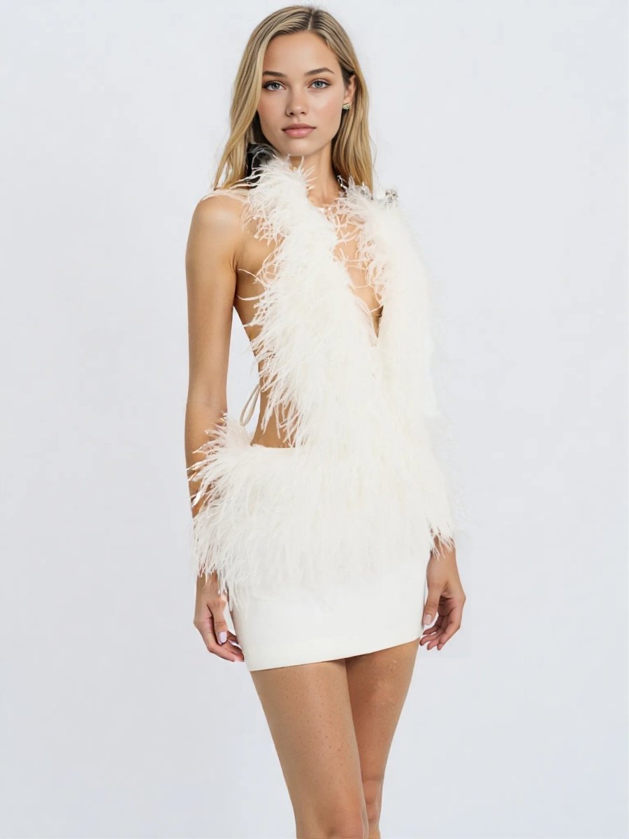 Quisten White Feathered Plunging Halter Mini Dress - HOUSE OF SHE