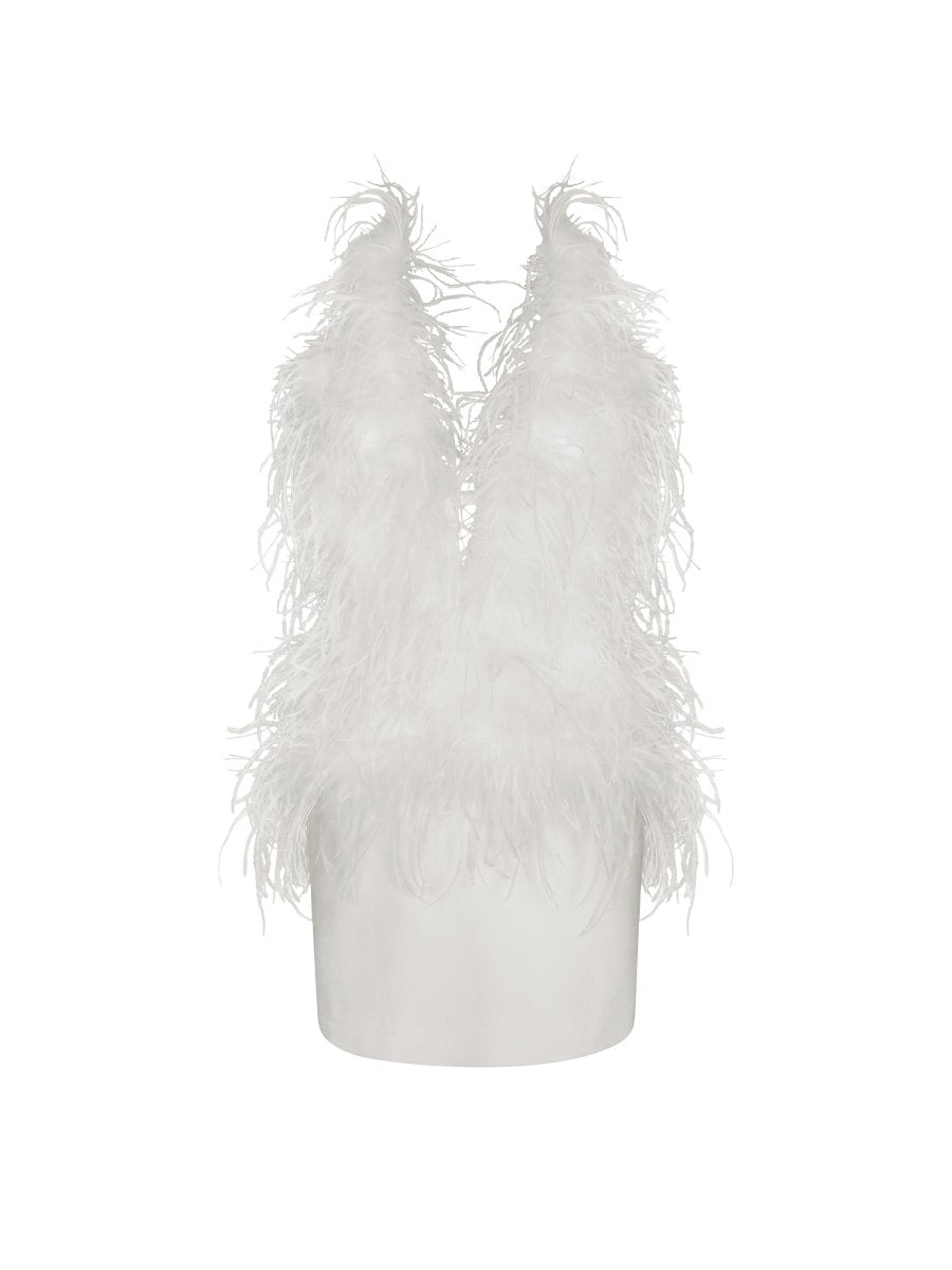 Quisten White Feathered Plunging Halter Mini Dress - HOUSE OF SHE
