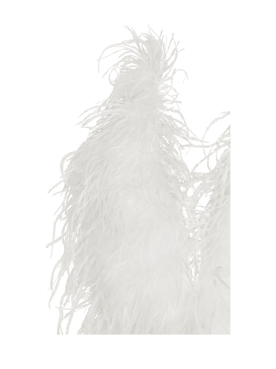 Quisten White Feathered Plunging Halter Mini Dress - HOUSE OF SHE