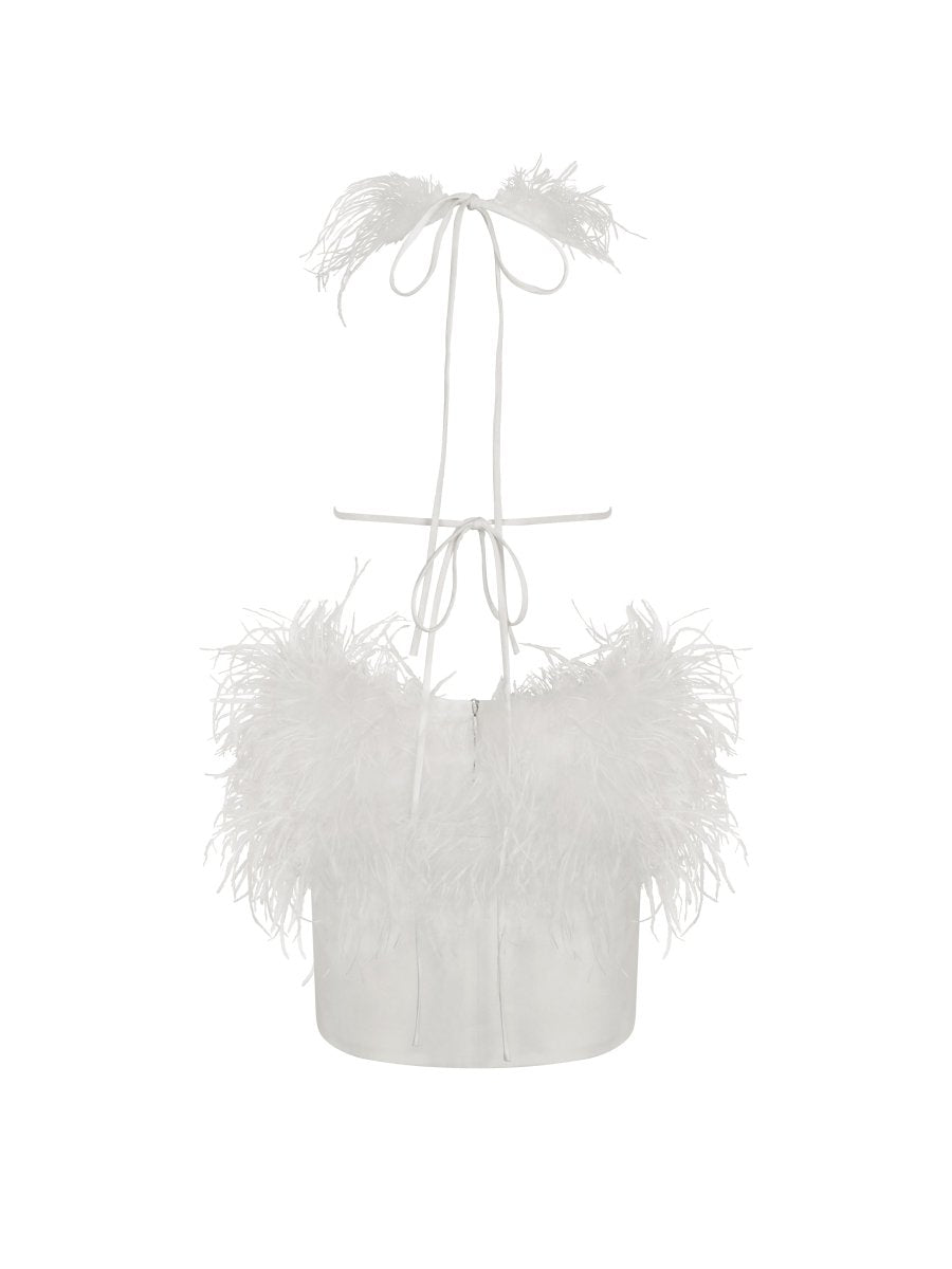 Quisten White Feathered Plunging Halter Mini Dress - HOUSE OF SHE